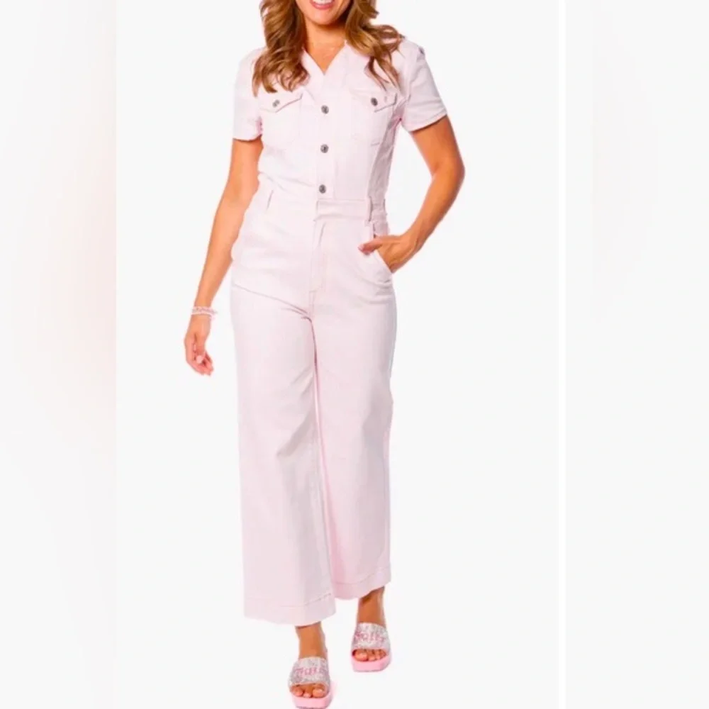 Juicy Couture baby pink denim‎ look short sleeve jumpsuit size XS new